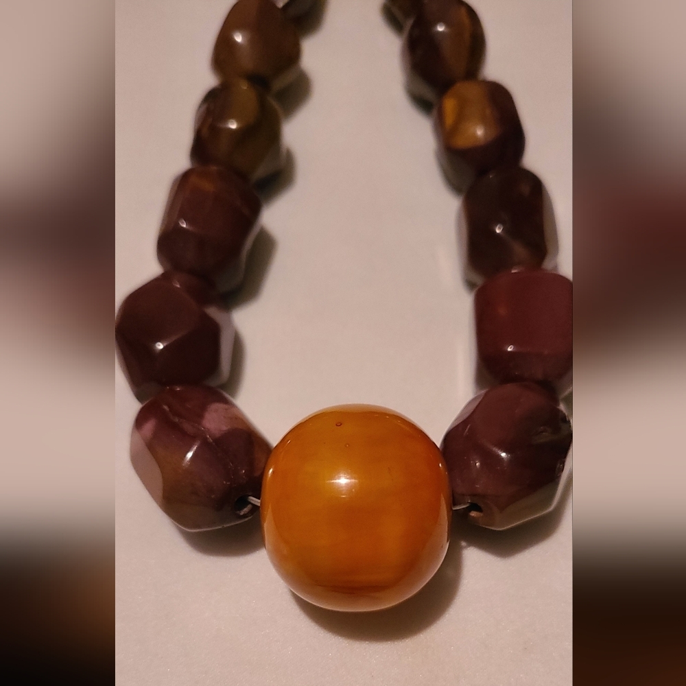 Mookaite Jasper beaded Necklace With Yellow Center Bakelite Bead